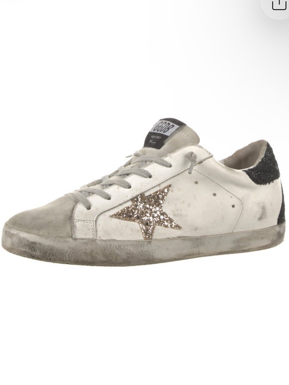 Golden Goose White Leather Sneaker with Gold Glitter Star and Black Heel